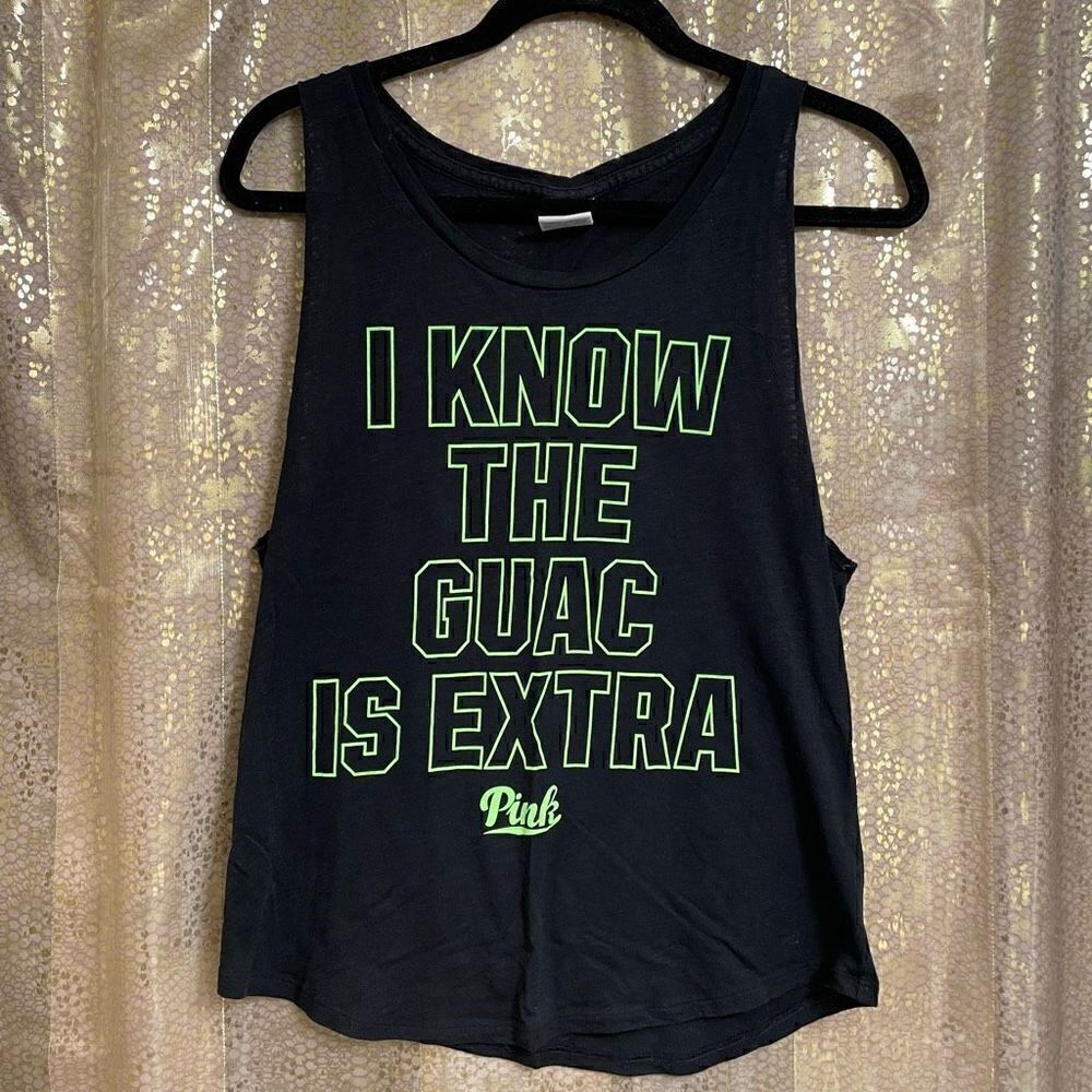 PINK Victorias Secret black/neon green guac muscle tanktop, S